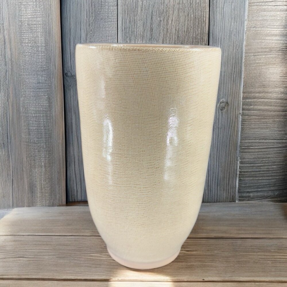 1980s Pottery Linen Straight Sided Vase in Beige on Cream Ceramic Vessel W Tag